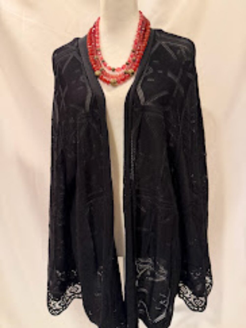 NWOT RUBY Rd. Open Black Cardigan with Intricate Geometric Pattern - 3x